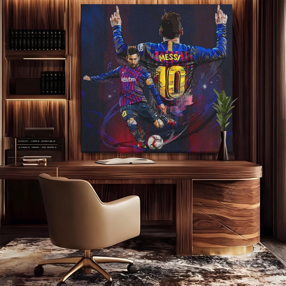 Tablou canvas cu tablou canvas cu fotbalistul lionel messi, fara rama, pe sasiu de lemn, pe perete intr-un birou